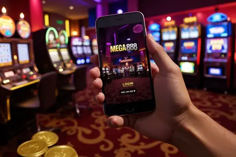 A person holding a phone showing the Mega888 login screen inside a casino