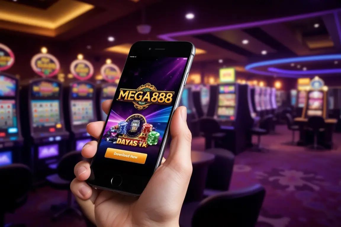 A person holding phone with Download Mega888 screen in casino